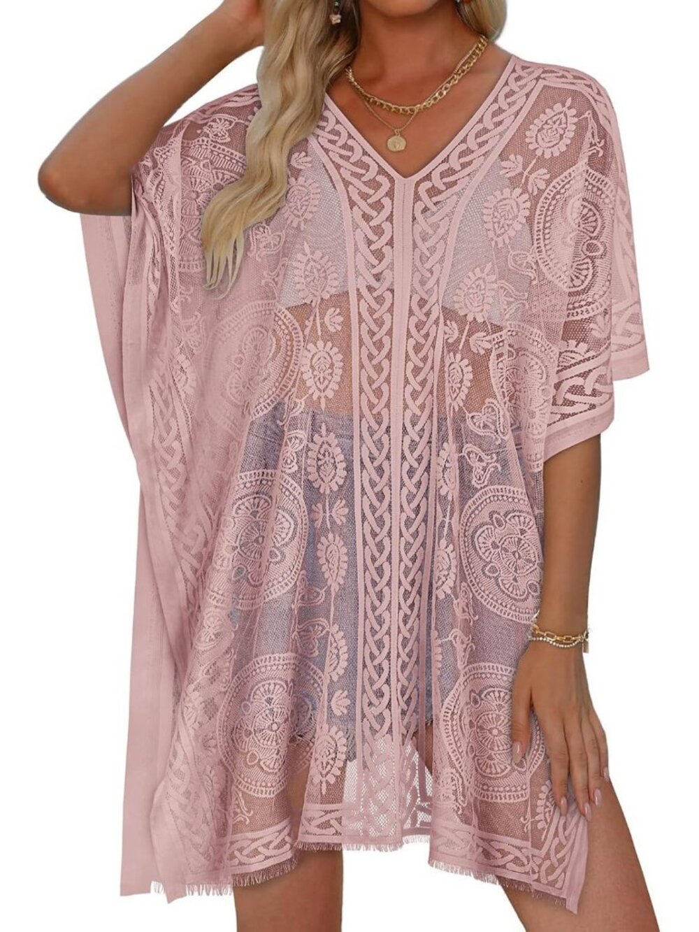 Women's Dusty Rose Polyester V Neck Laced Summer Swim Loose Bikni Coverup Dress